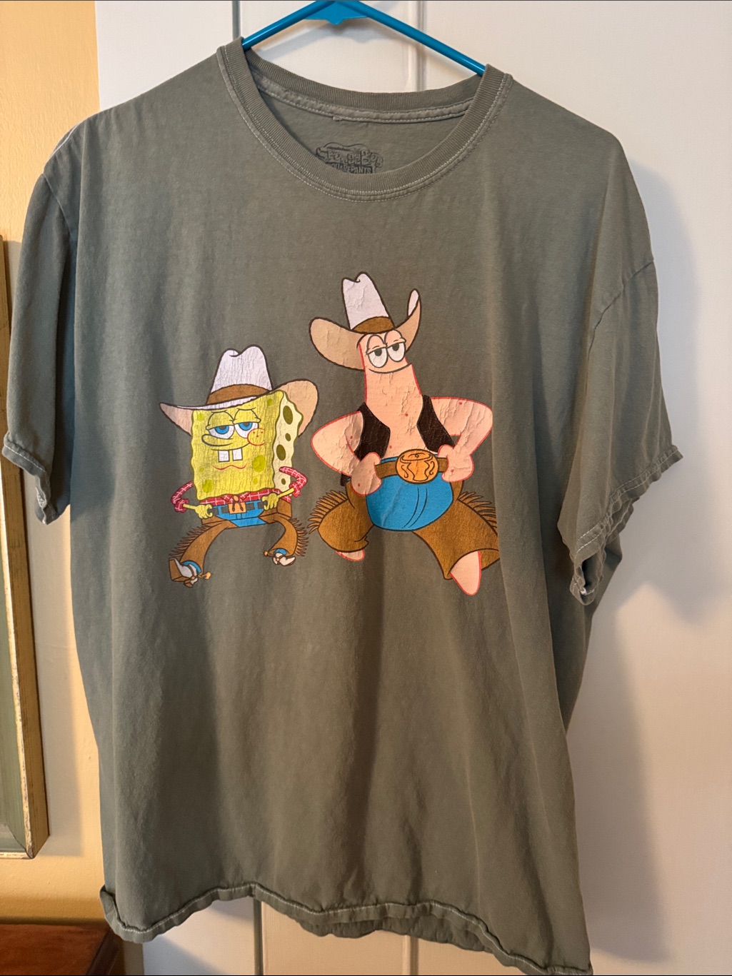 Spongebob Squarepants Olive Green Short Sleeve Tee With Cowboy Graphic